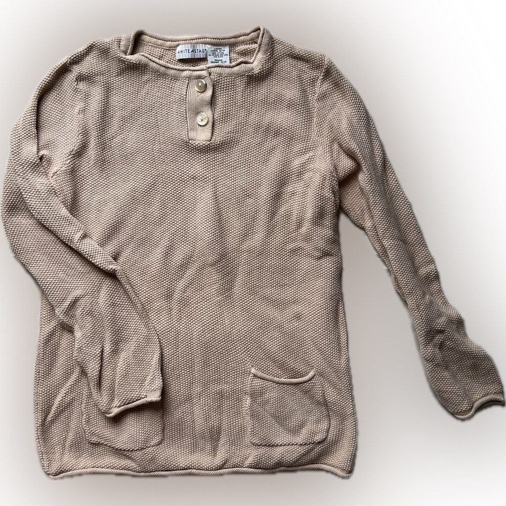 White Stag Tan Knit Sweater with Button Accents 100% Cotton